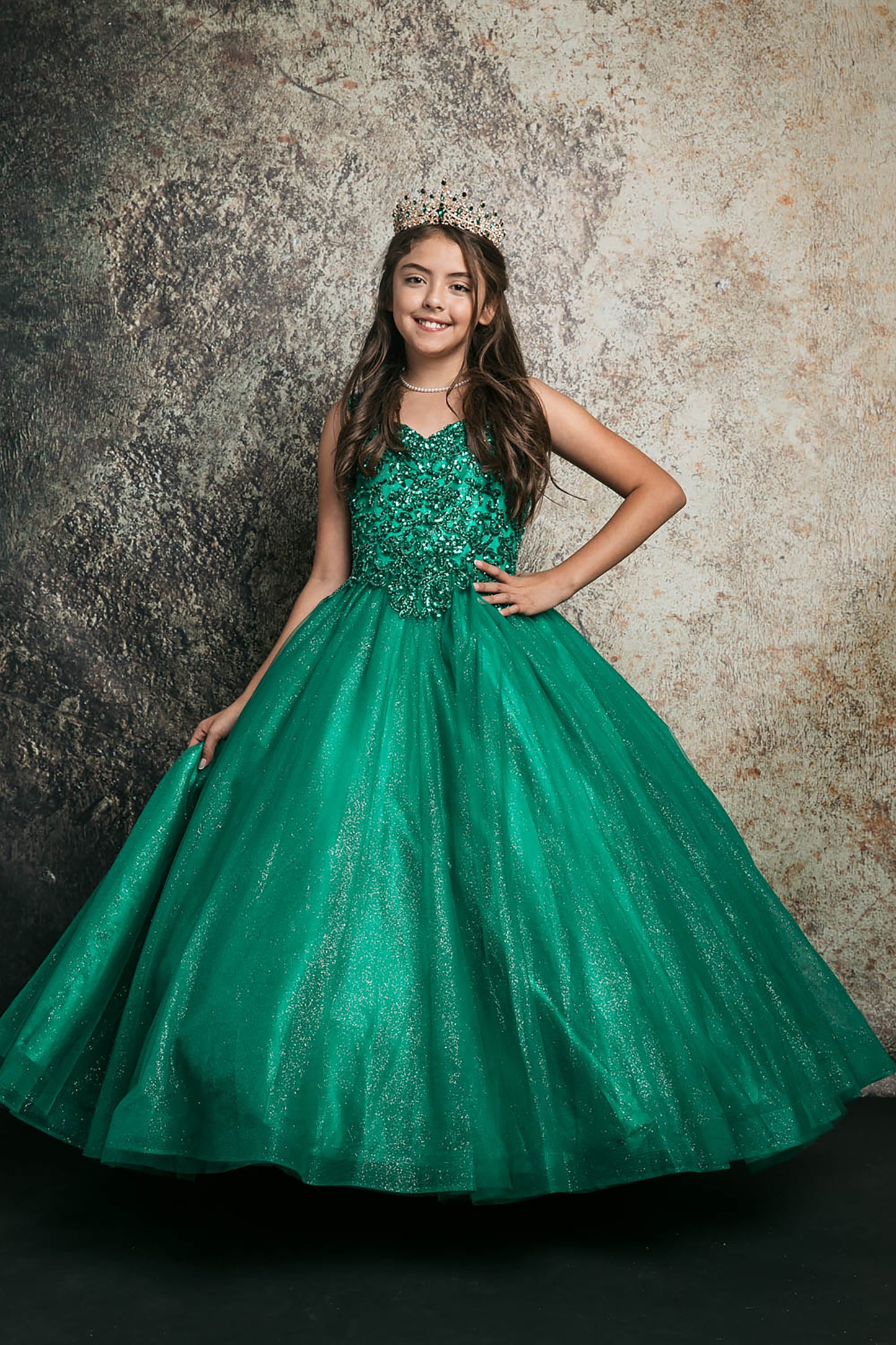 Mini Quince | Green Princess Sequin Beaded Embroidery Bodice with Glitter Tulle Skirt Kid Dress | Camila dress | 3 Colors Available front