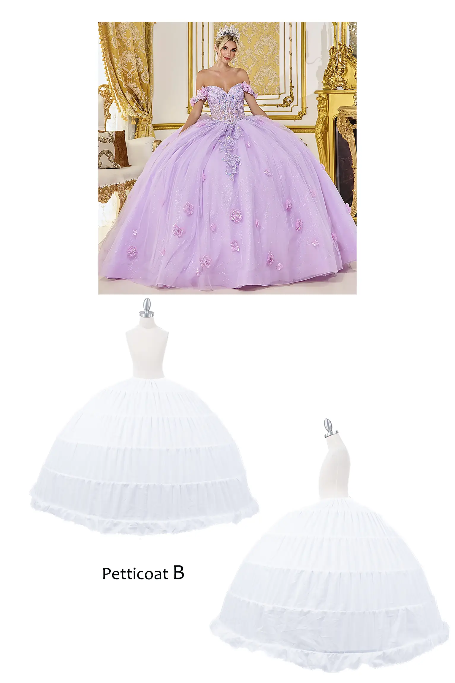 Lavender ball gown with petticoats on a white background. It is fuller than petticoat A.