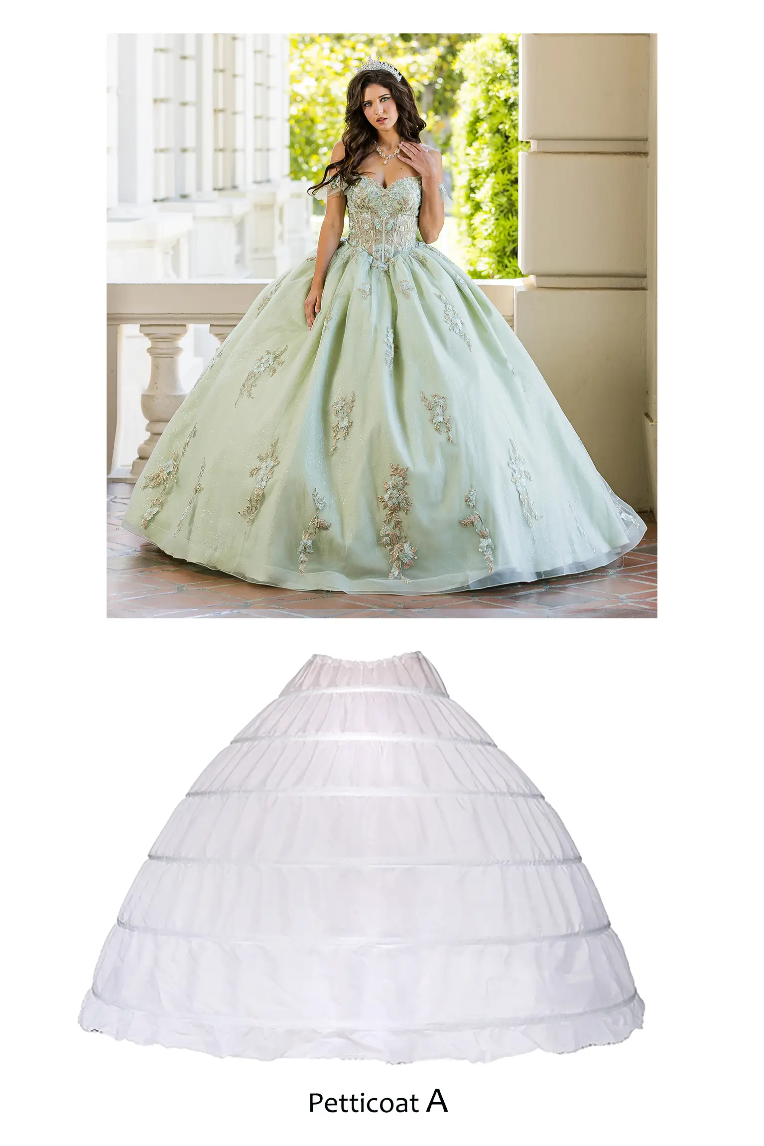 Light green ball gown with floral embroidery and a white petticoat labeled 'Petticoat A' on a white background.