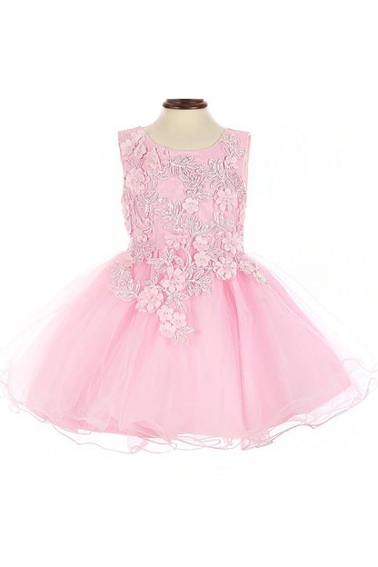 Pink dress with floral embroidery on a white background