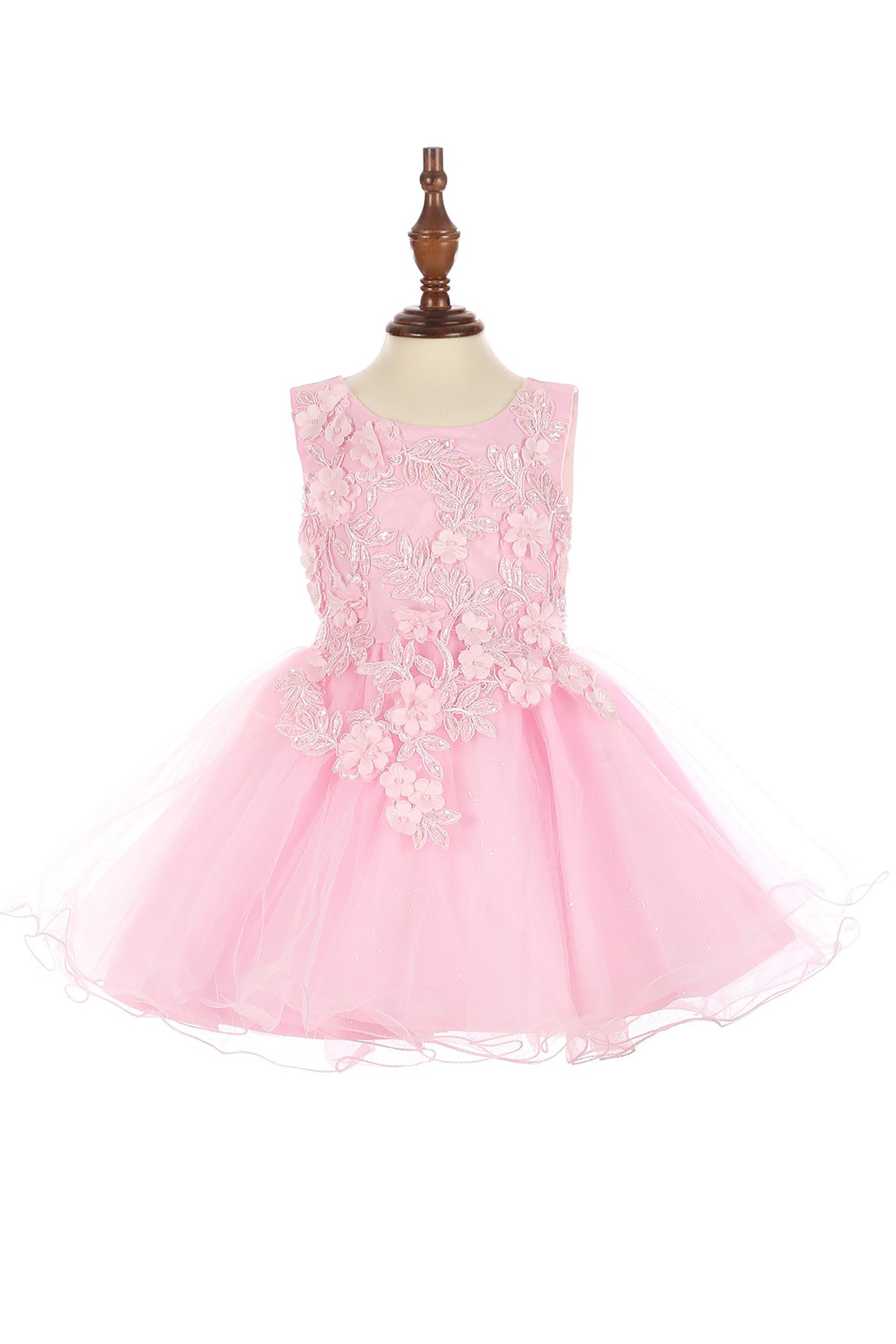 Pink Baby 3D Flower Lace Tulle Special Occasion Dress - front of dress view