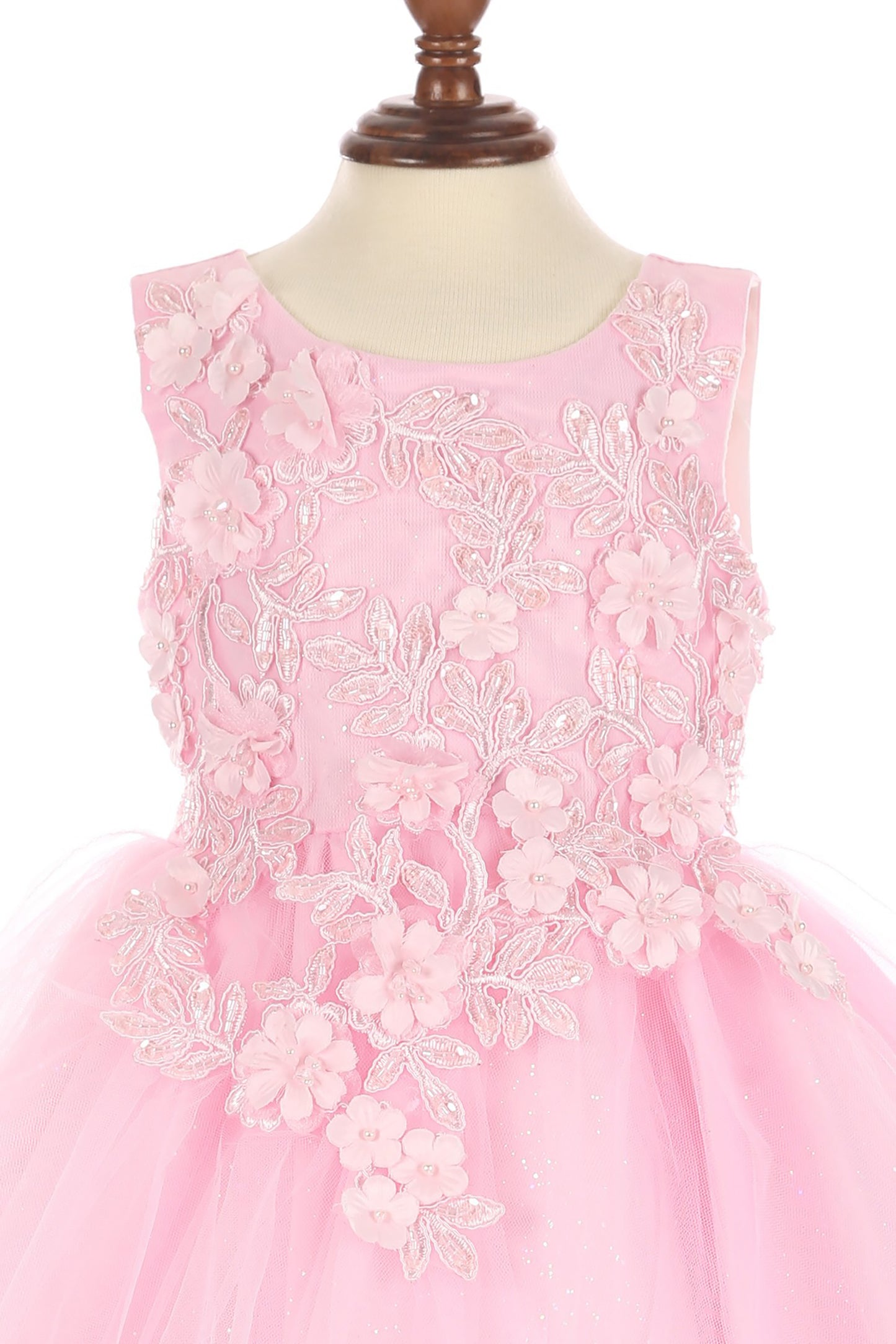 Pink Baby 3D Flower Lace Tulle Special Occasion Dress - zoomed in front of dress view