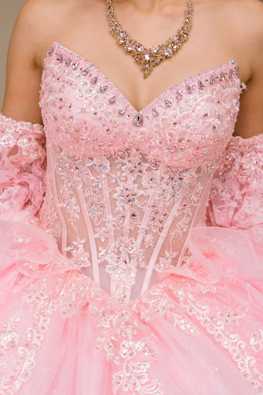 Close-up of woman wearing pink off-shoulder sweetheart quinceañera dress with beaded embroidered corset bodice and sweetheart neckline