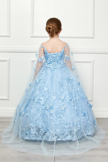 Back view of a blue kids mini quinceanera dress with lace-up corset, oversized bow, butterfly floral appliques, and detachable cape