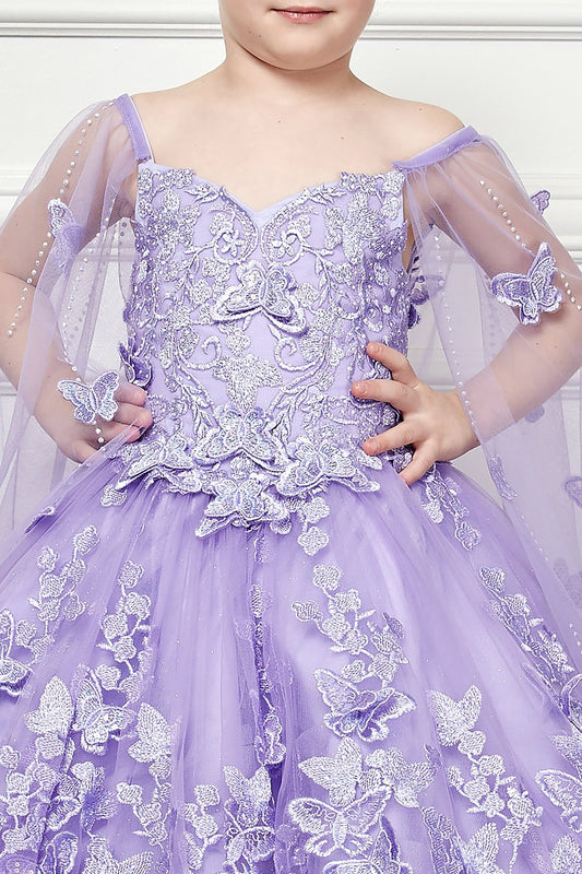 Zoomed front view of a lilac kids mini quinceanera dress highlighting butterfly floral appliques, gem accents, and glitter tulle skirt