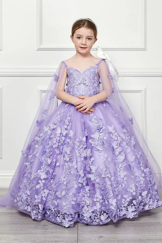 Front view of a lilac kids mini quinceanera mini quince dress with 3D butterfly floral appliques, off-shoulder neckline, and flowing cape.
