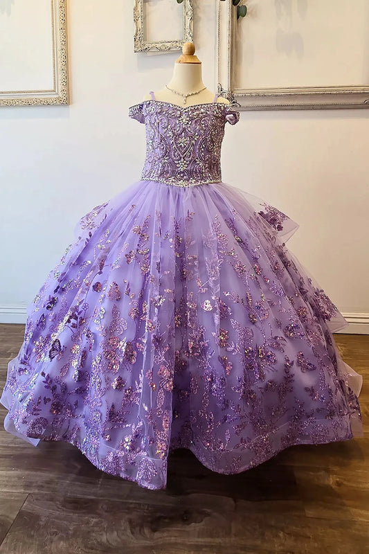 Front view of a lilac kids mini quinceanera mini quince dress with stone and gem-embellished bodice, glitter tulle skirt, and detachable train.