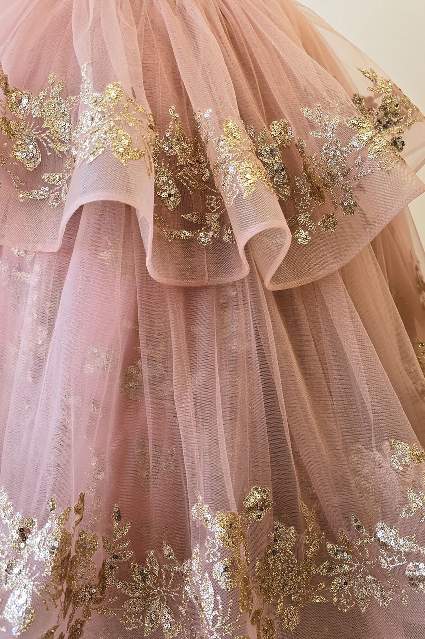 Rose Gold Detachable Long Train with Stones and Gems Mini Quinceanera 3-Anos mini quince dress Skirt Detail Tulle View.