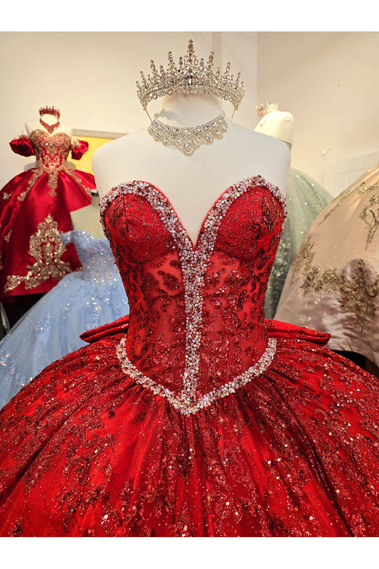 Red Quinceanera | Spackly Sequins and Embellishments See-through Corset Bodice adorned with Shimmering Gems Quince Ballgown - zoomed in front view of dress