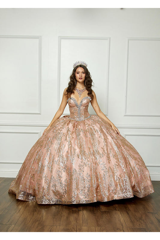 Champagne Quinceanera | Spackly Sequins and Embellishments See-through Corset Bodice adorned with Shimmering Gems Quince Ballgown - front view of woman wearing dress with hands at sides on skirt