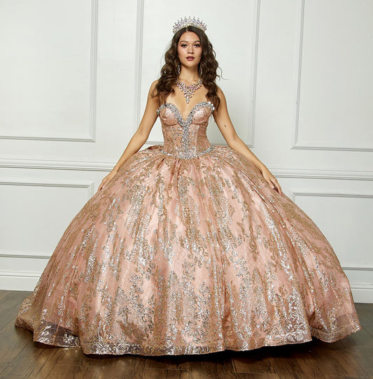 Champagne Quinceanera | Spackly Sequins and Embellishments See-through Corset Bodice adorned with Shimmering Gems Quince Ballgown - front view of woman wearing dress with hands at sides on skirt