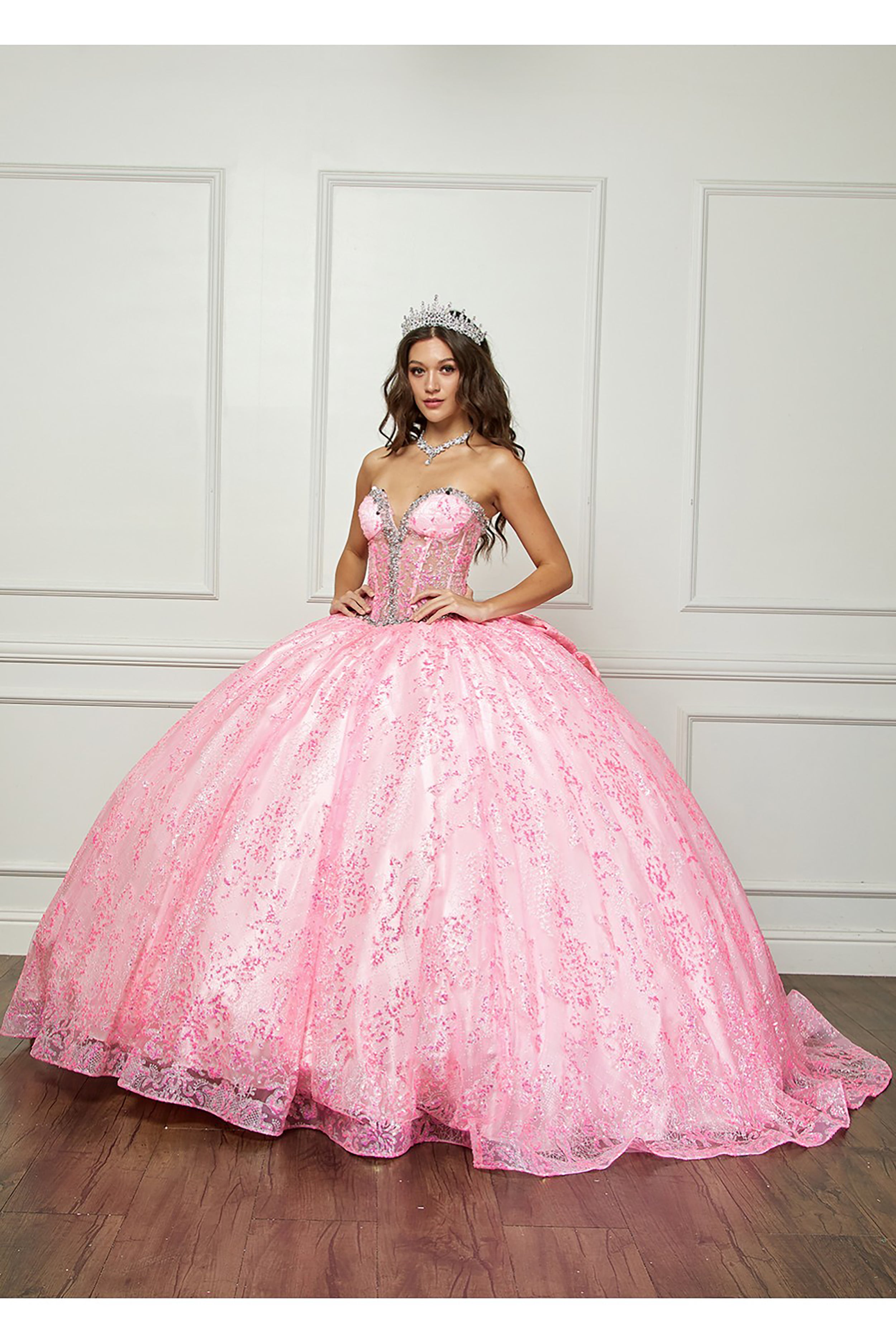 Quinceanera Pink Sparkly Sequins and Embellishments See through Corset Bodice adorned with Shimmering Gems Quince Ballgown Dolores dress 3