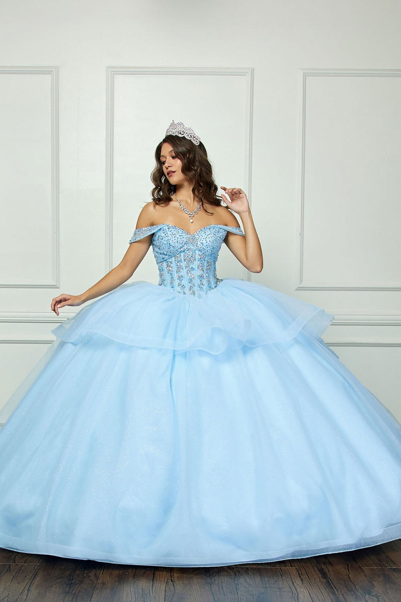 Blue quinceañera dress with Glittering Tulle Layers, Off-shoulder Bodice adornments, and a detachable bow
