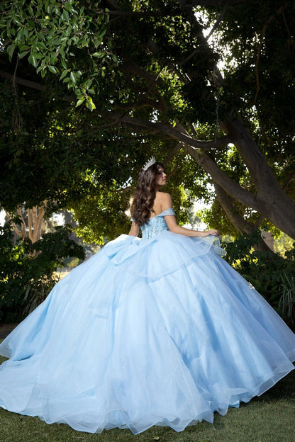 Woman in a light blue quince ball gown showing her back with big large bow standing outdoors with trees in the background