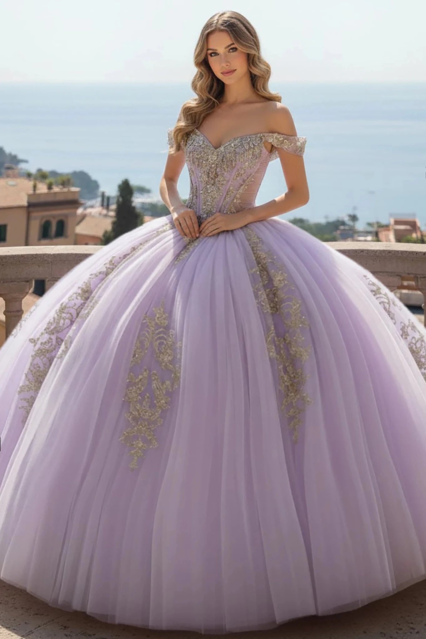 Lilac Quinceañera Dress with Off-Shoulder Gold Embroidery 3XL / Lilac