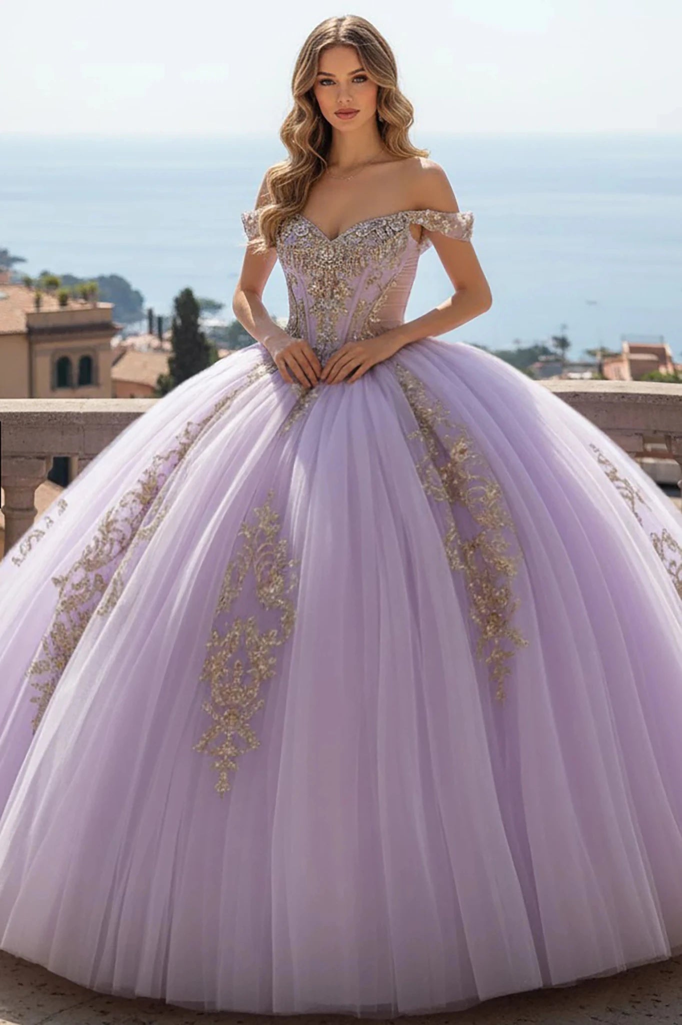 Woman wearing a lavendar off-shoulder gown with gold embroidery against a scenic background.