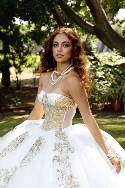 close up the white and gold embroidery quince ball gown dress with a scenic background