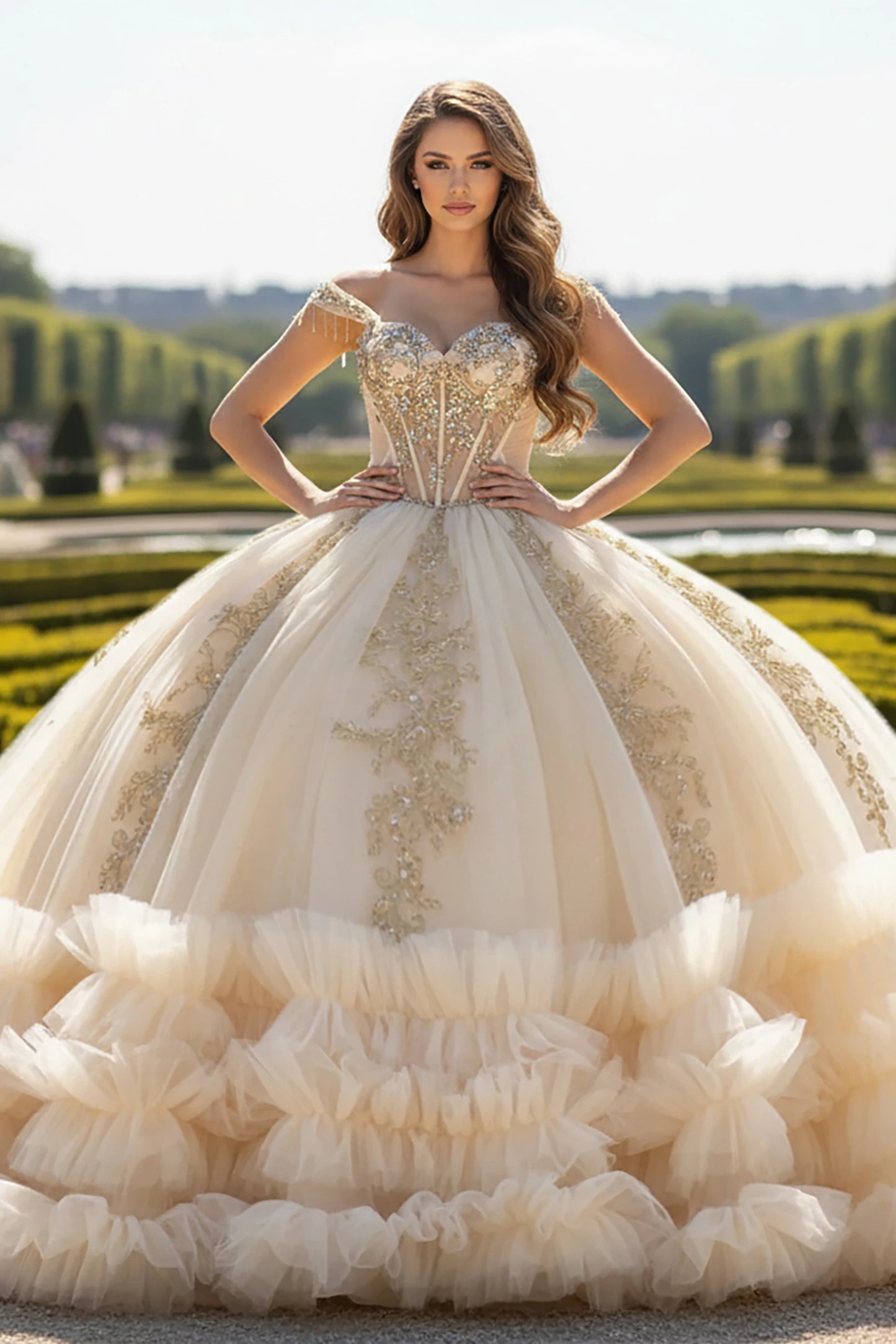 Woman in a luxurious champagne and gold embroidery ball gown with full layered tulle skirt standing in an outdoor setting with greenery.