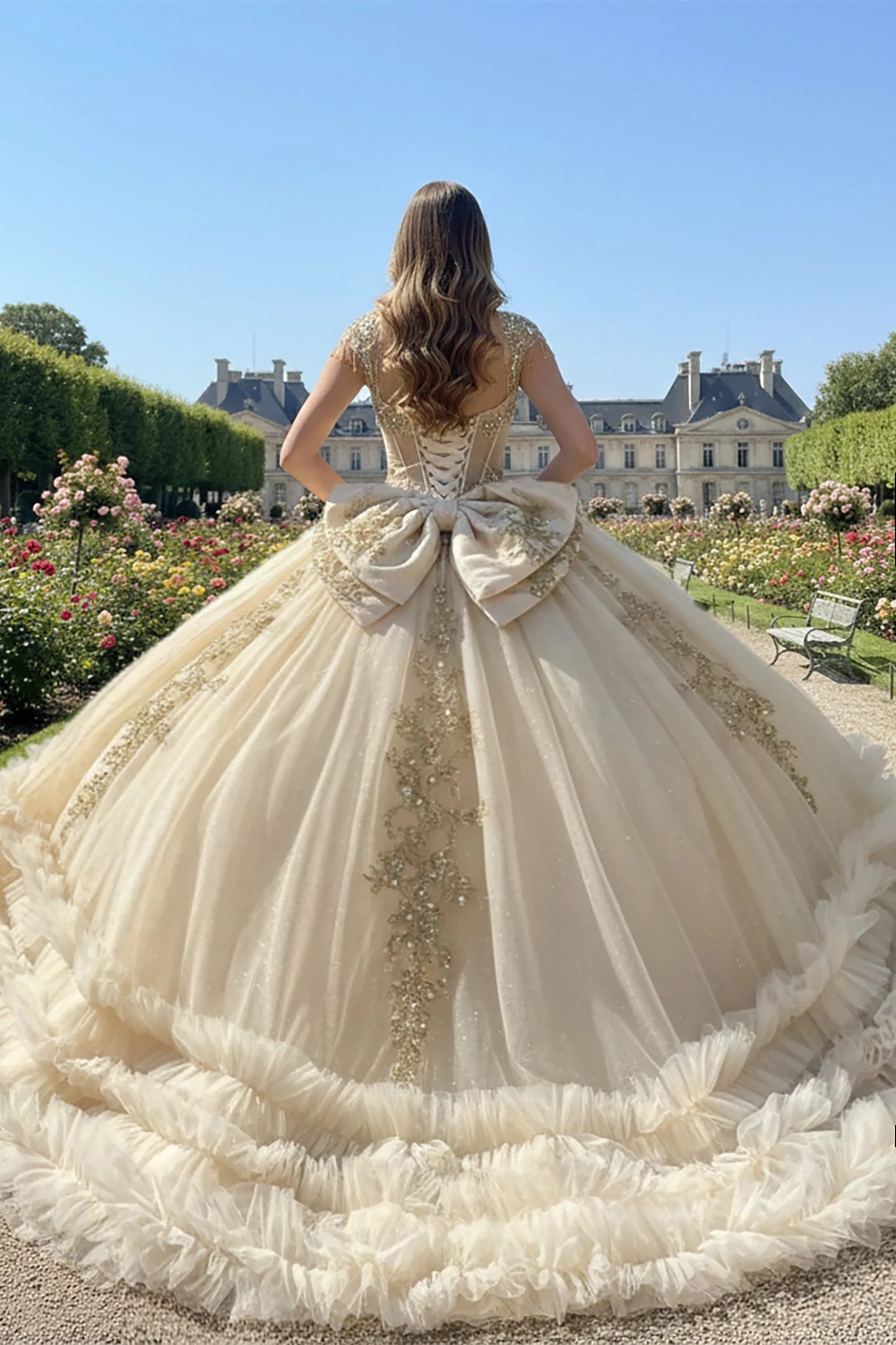 Woman in a champagne quince ball gown showing her back of the dress with large bow and long train 