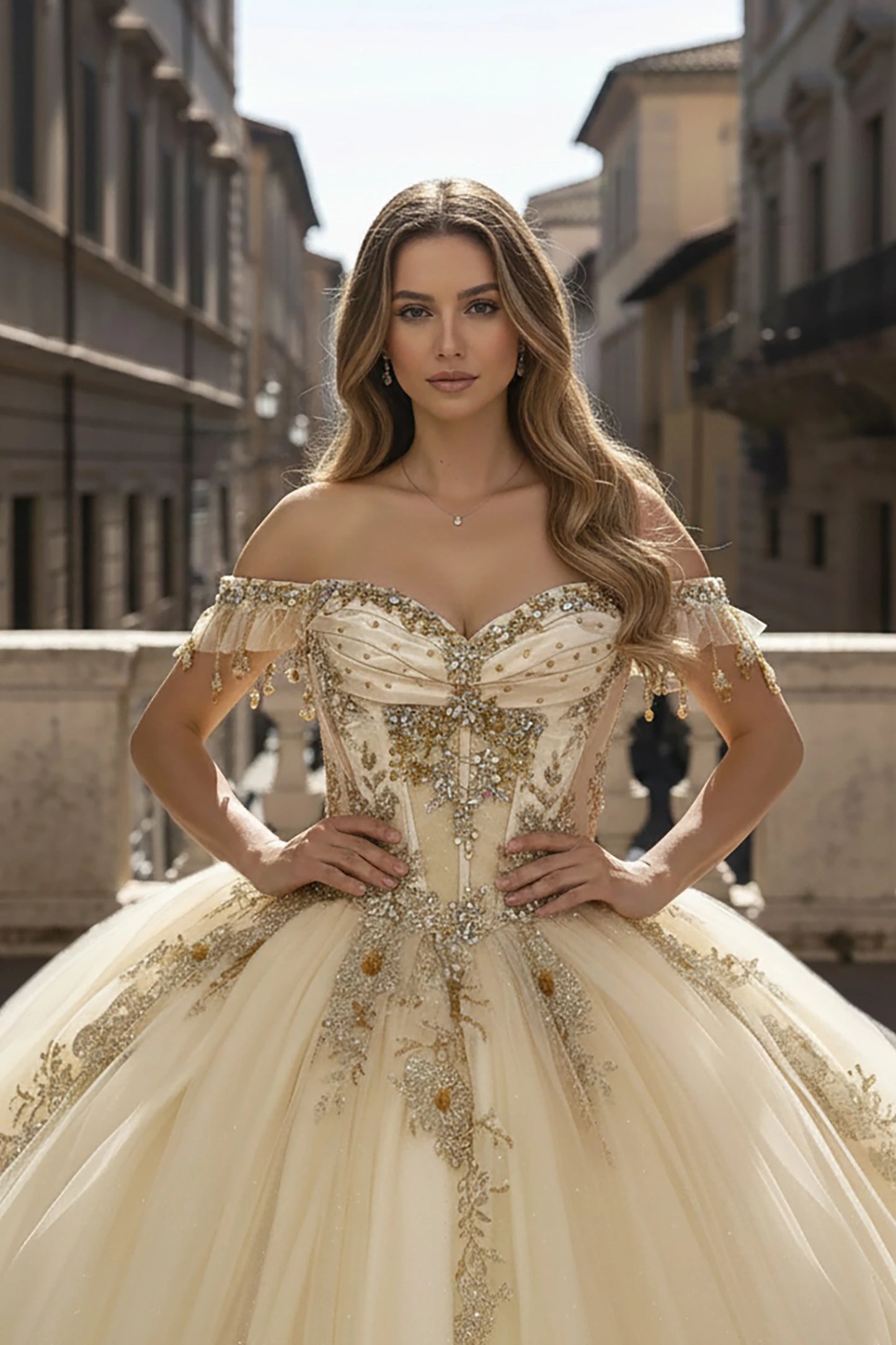 Girl in an ornate off-shoulder champagne dress with bead appliques and embroidery standing in an urban setting