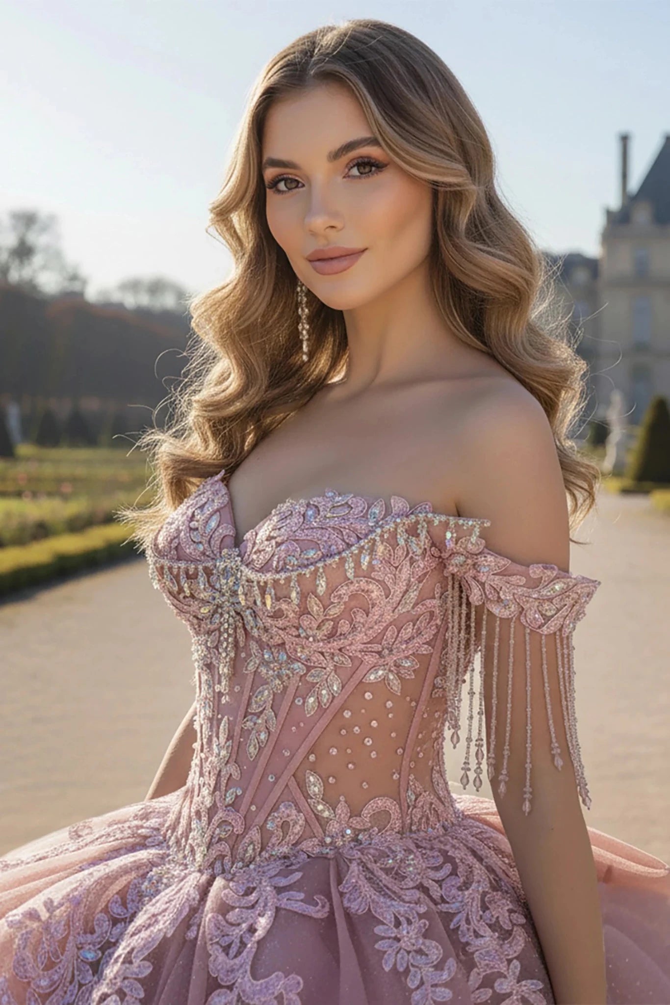 Woman wearing a rose, off-shoulder gown adorned with ornate lace appliqués that flow gracefully from the bodice down to the hem.