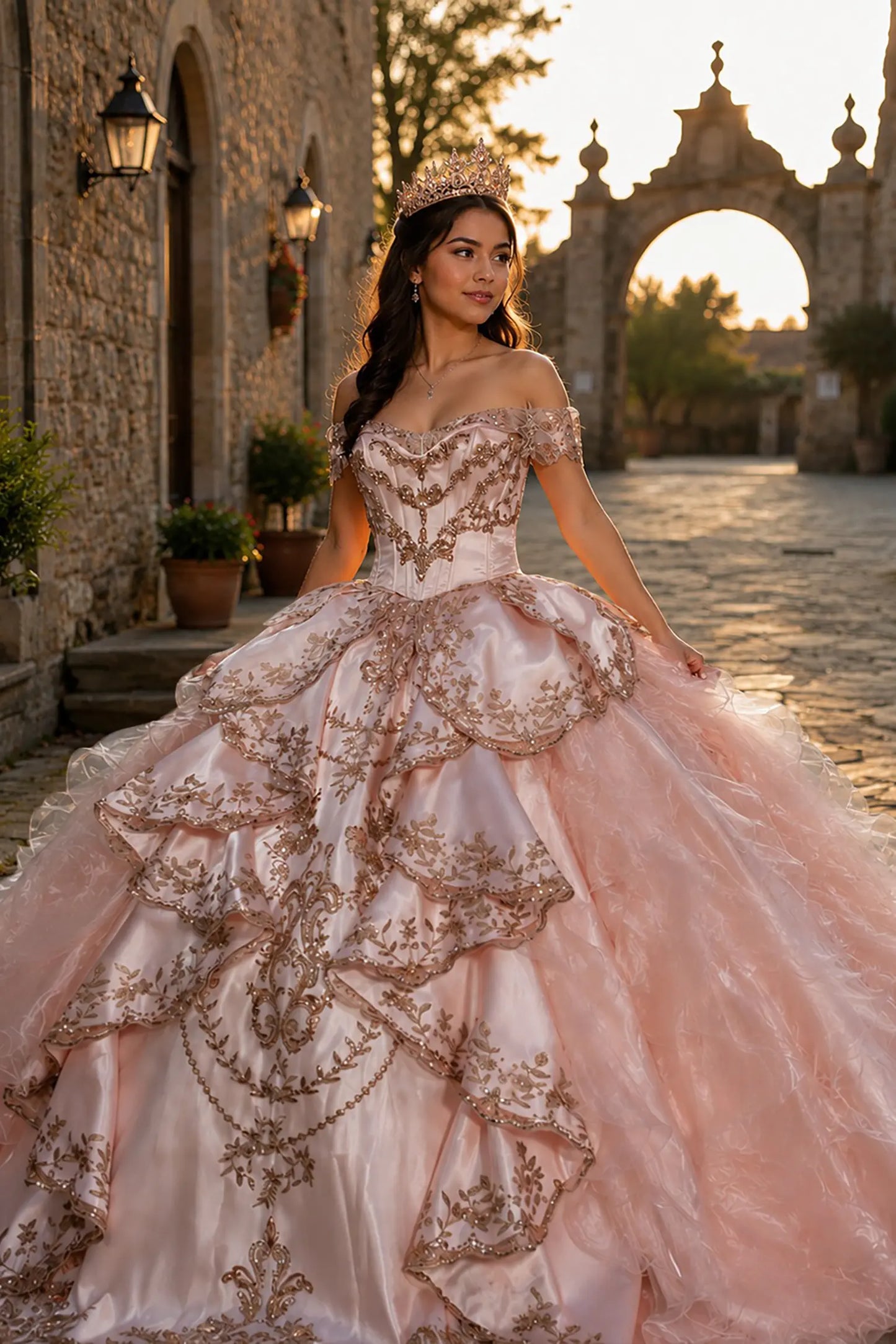 Blush quinceanera dress with rose-gold embroidery, off-shoulder neckline, satin bodice, and tiered organza overskirts