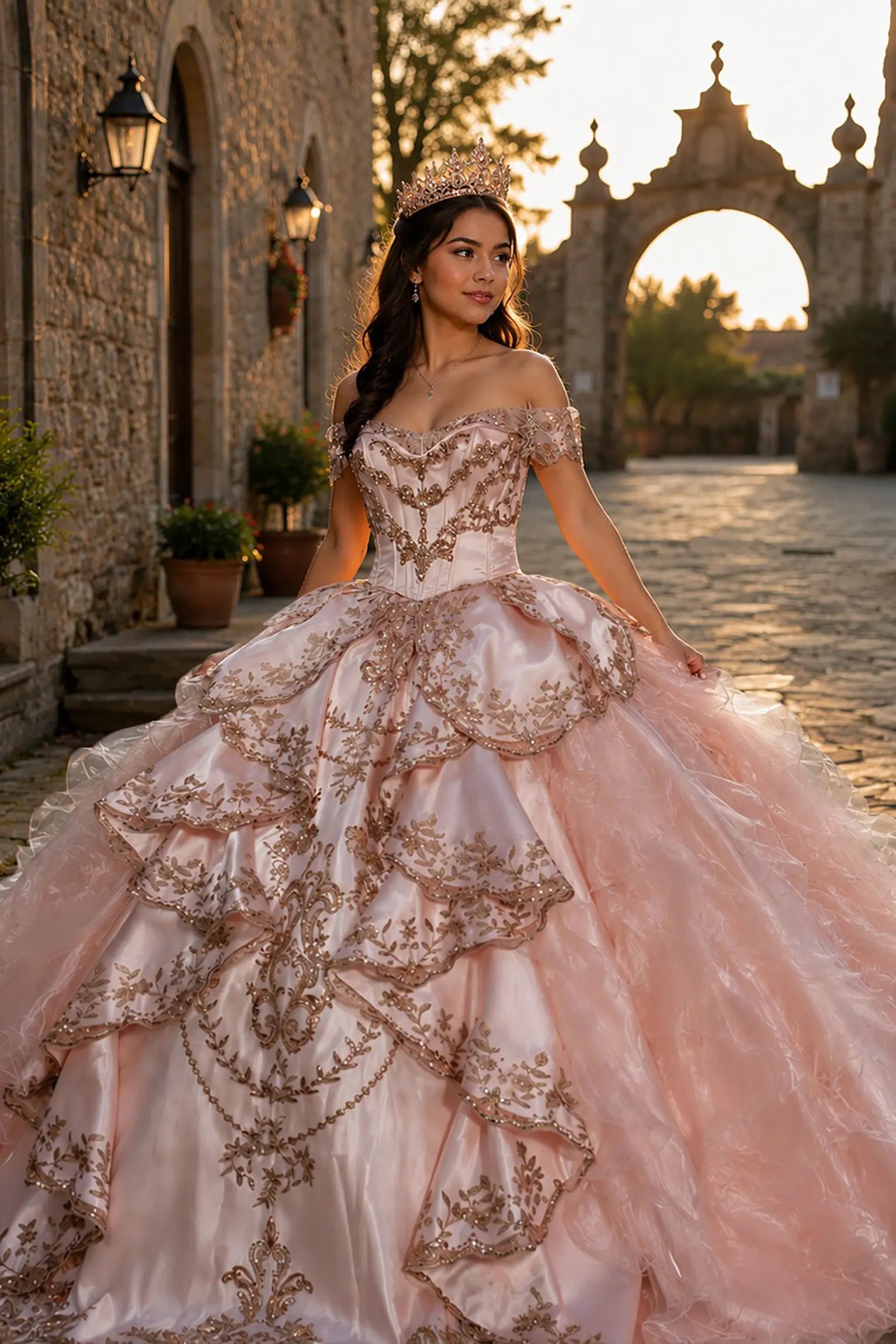 Blush quinceanera dress with rose-gold embroidery, off-shoulder neckline, satin bodice, and tiered organza overskirts