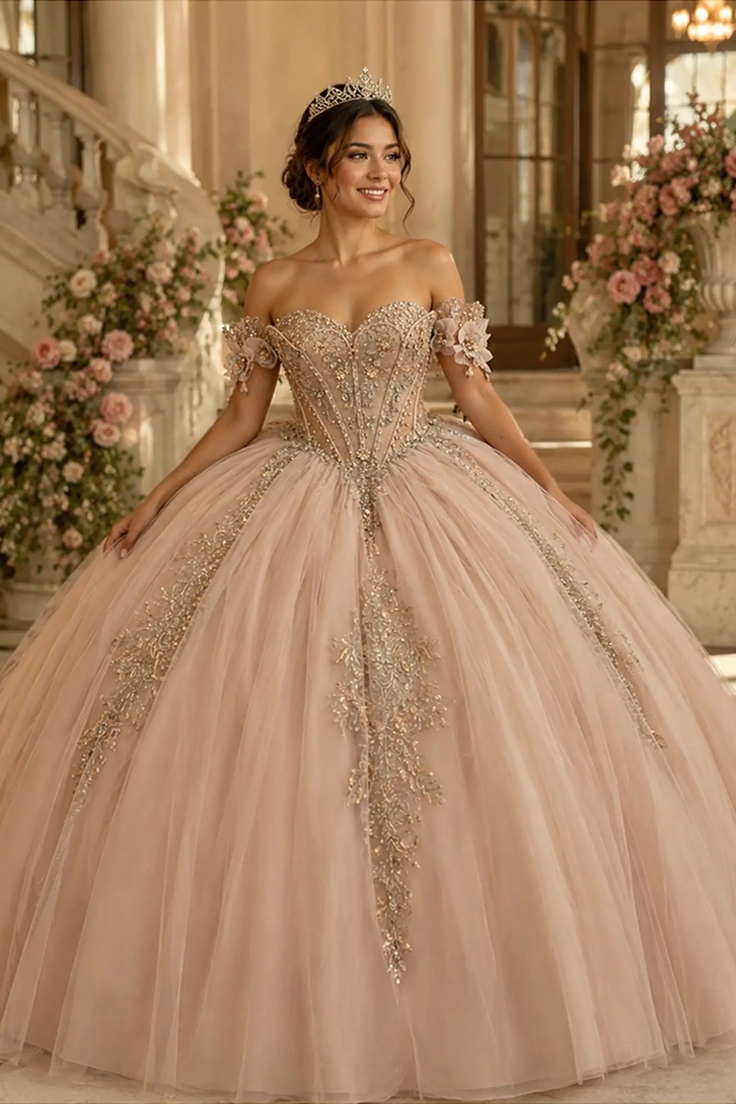 Champagne quinceañera ball gown with sparkling sweetheart corset and crystal beaded appliques