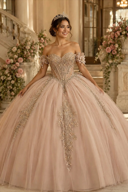 Champagne quinceañera ball gown with sparkling sweetheart corset and crystal beaded appliques