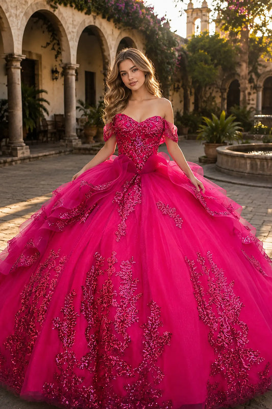 Fuchsia quinceanera ball gown with off-shoulder sweetheart neckline, sequined bodice, beadwork, and layered tulle skirt