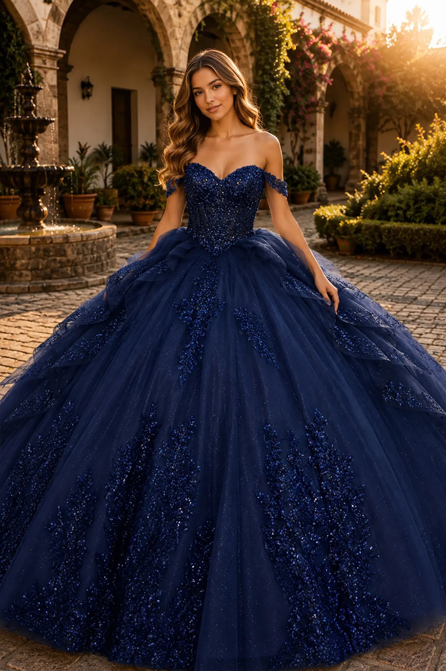 Navy quinceanera ball gown with off-shoulder sweetheart neckline, sequined bodice, beadwork, and layered tulle skirt