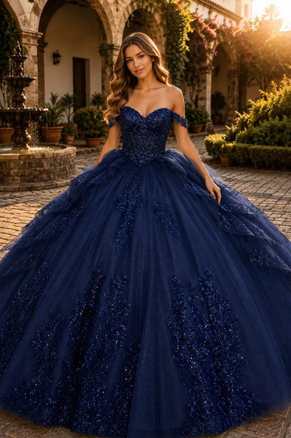 Navy quinceanera ball gown with off-shoulder sweetheart neckline, sequined bodice, beadwork, and layered tulle skirt