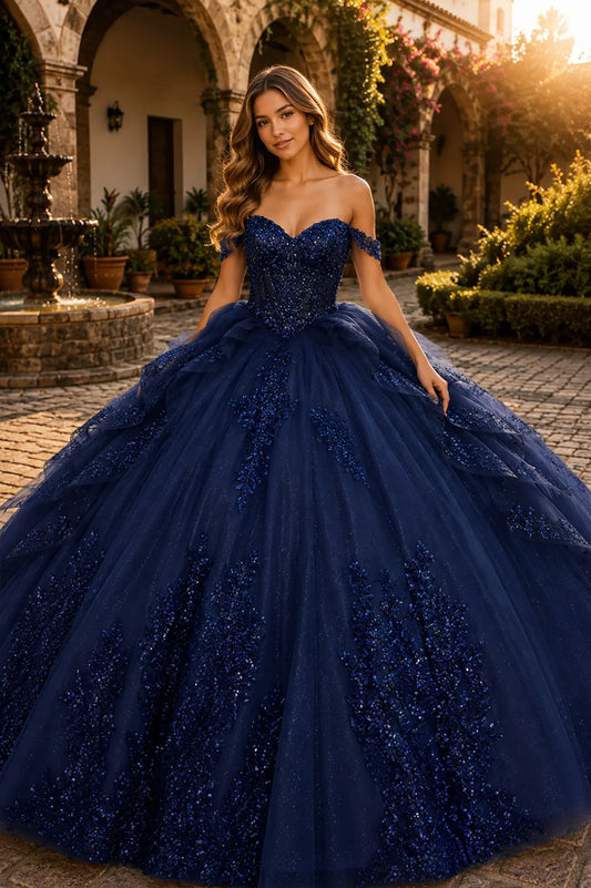 Navy quinceanera ball gown with off-shoulder sweetheart neckline, sequined bodice, beadwork, and layered tulle skirt