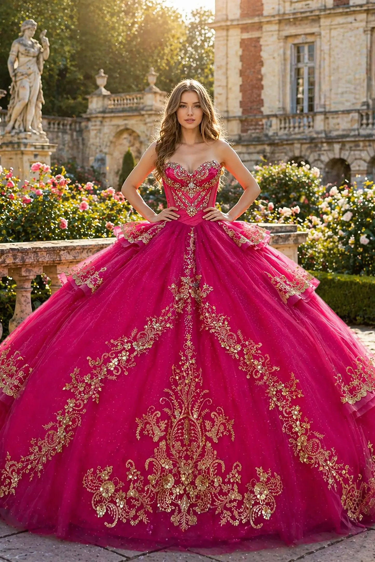 Fuchsia quinceanera ball gown with sweetheart neckline, crystal beading, rhinestones and gold embroidery