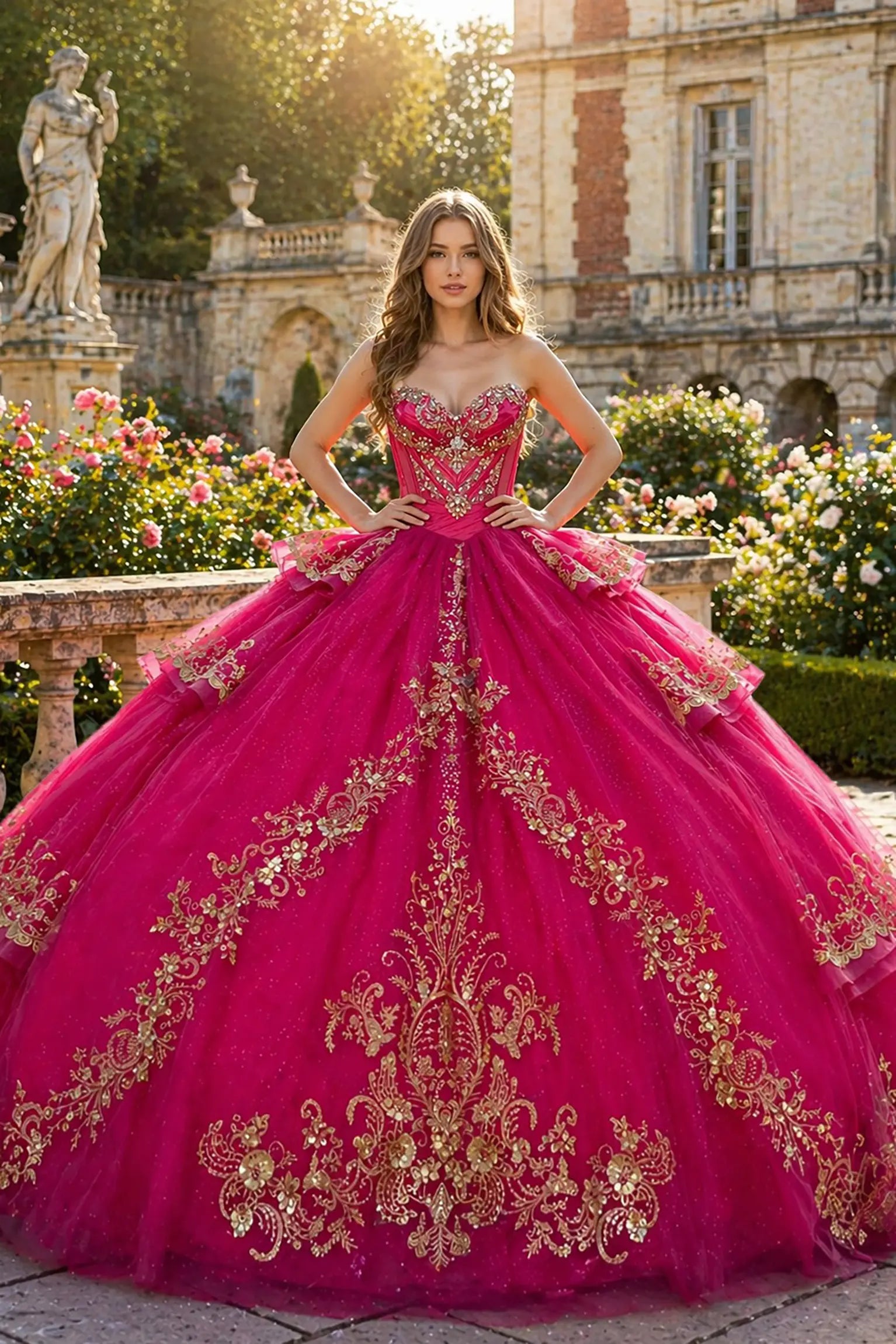 Fuchsia quinceanera ball gown with sweetheart neckline, crystal beading, rhinestones and gold embroidery