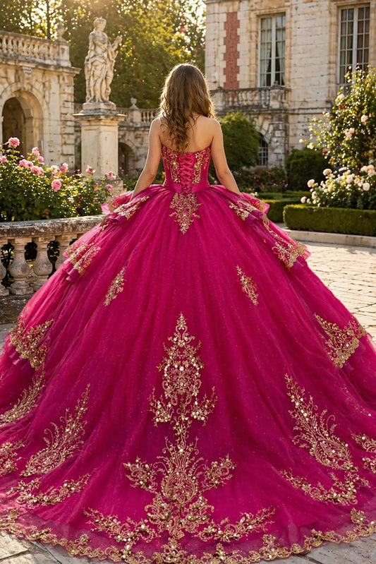 Fuchsia quinceanera ball gown with lace-up corset and layered glitter tulle fabric
