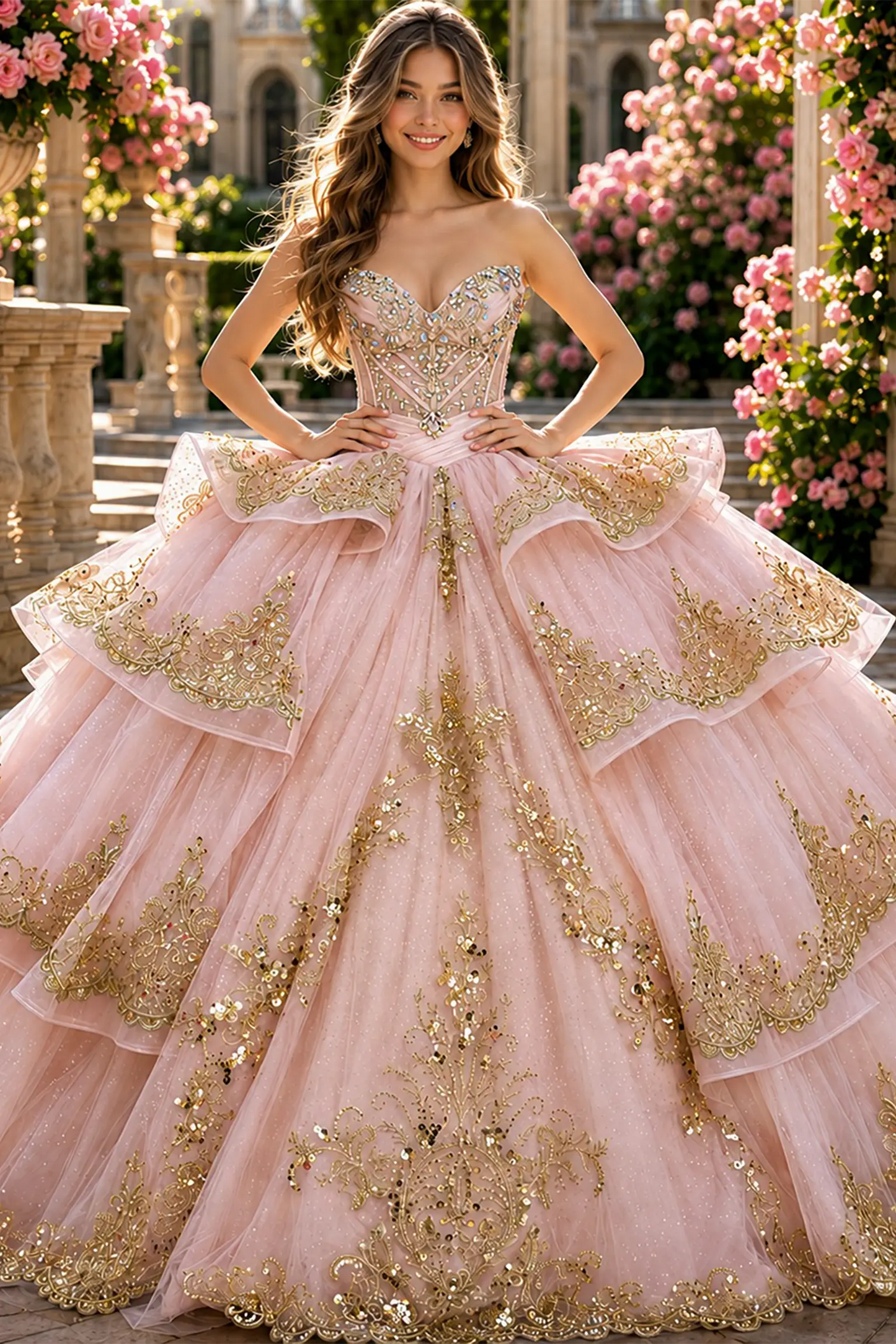Rose Gold quinceanera ball gown with sweetheart neckline, crystal beading, rhinestones and gold embroidery
