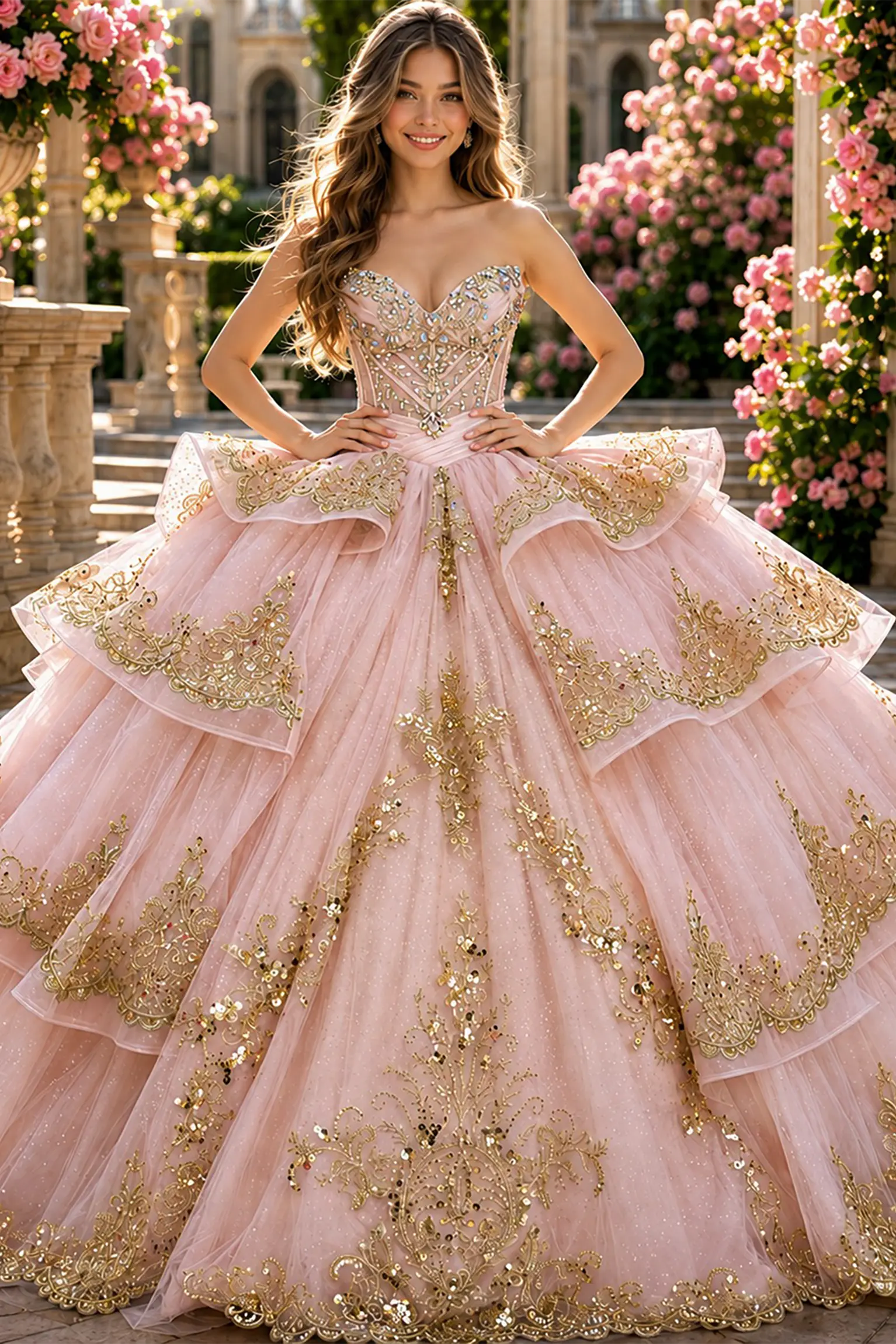Rose Gold quinceanera ball gown with sweetheart neckline, crystal beading, rhinestones and gold embroidery