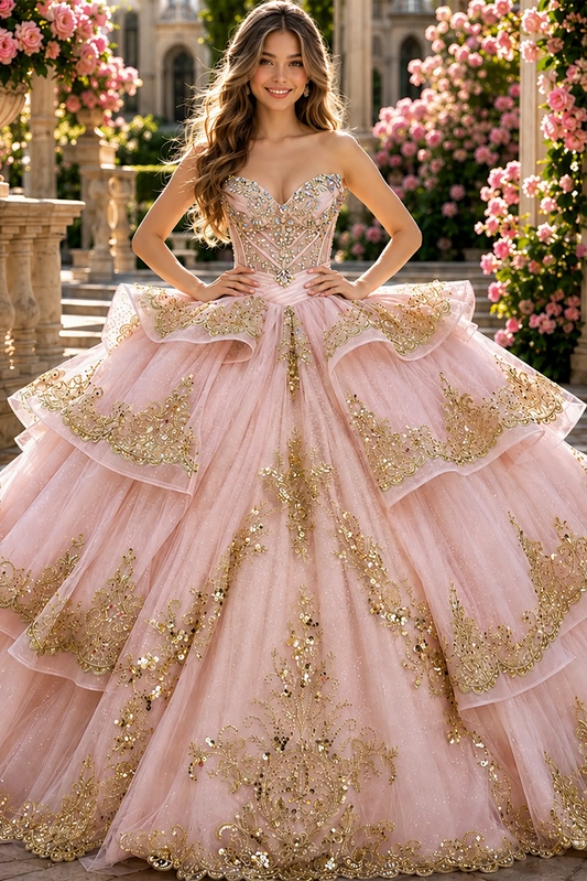 Rose Gold quinceanera ball gown with sweetheart neckline, crystal beading, rhinestones and gold embroidery