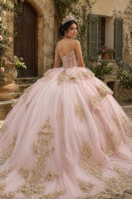 Rose Gold quinceanera ball gown with lace-up corset and layered glitter tulle fabric