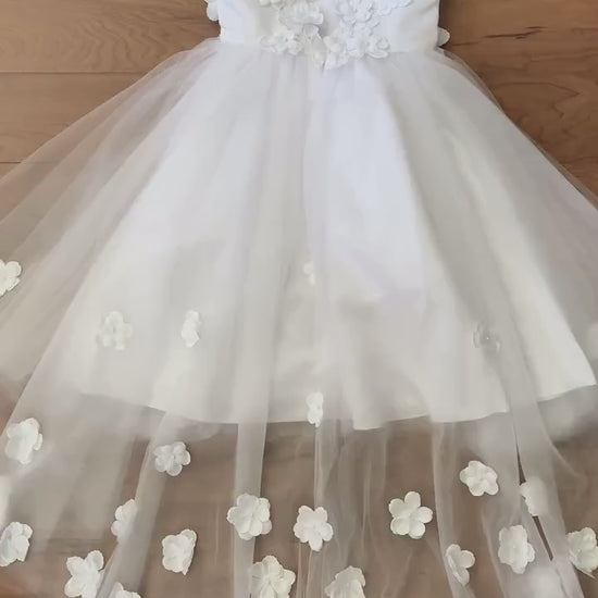 White High-Low Tulle Dress with 3D Flower Lace Top Accentuated with Pearl Trim Flower Girl Dress | Flower Girl Dress - video of dress