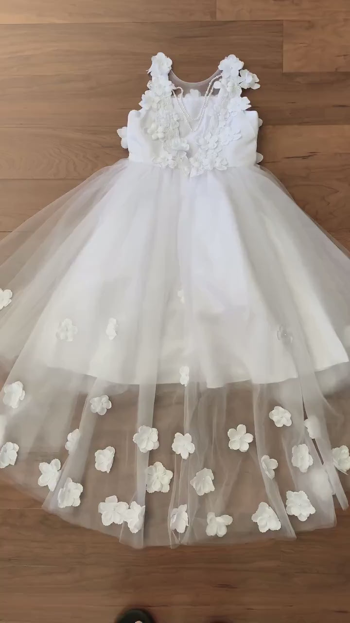 White High-Low Tulle Dress with 3D Flower Lace Top Accentuated with Pearl Trim Flower Girl Dress | Flower Girl Dress - video of dress