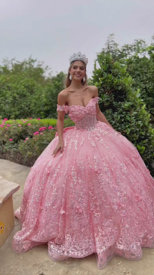 Quinceañera | Blush Ball Gown with 3D Butterflies, Corset Bodice, Off-Shoulder Straps and Detachable Bow | Ingrid dress Video
