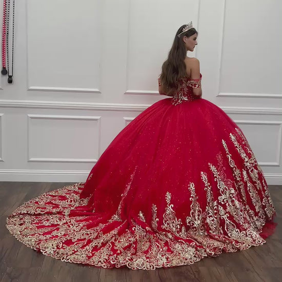 Quinceanera | Red Embroidered Bodice Gems, Rhinestones Sweetheart Neckline with Detachable Long Sleeves and Gold Glitter Details Quince Ballgown | Luz dress | 2 Colors Available video