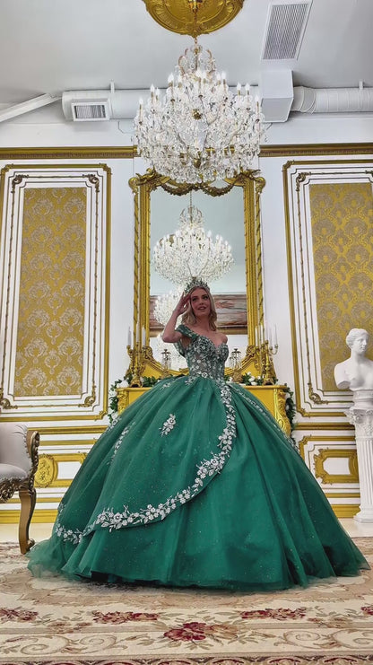Green Ball Gown with Detachable Off-Shoulder Straps and Jewel Embellishments