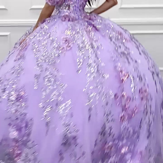 Quinceanera | Lilac 3D flowers Sparkling Rhinestones and Shimmering Sequins with Detachable Sleeves BallGown | Triana dress  VIDEO