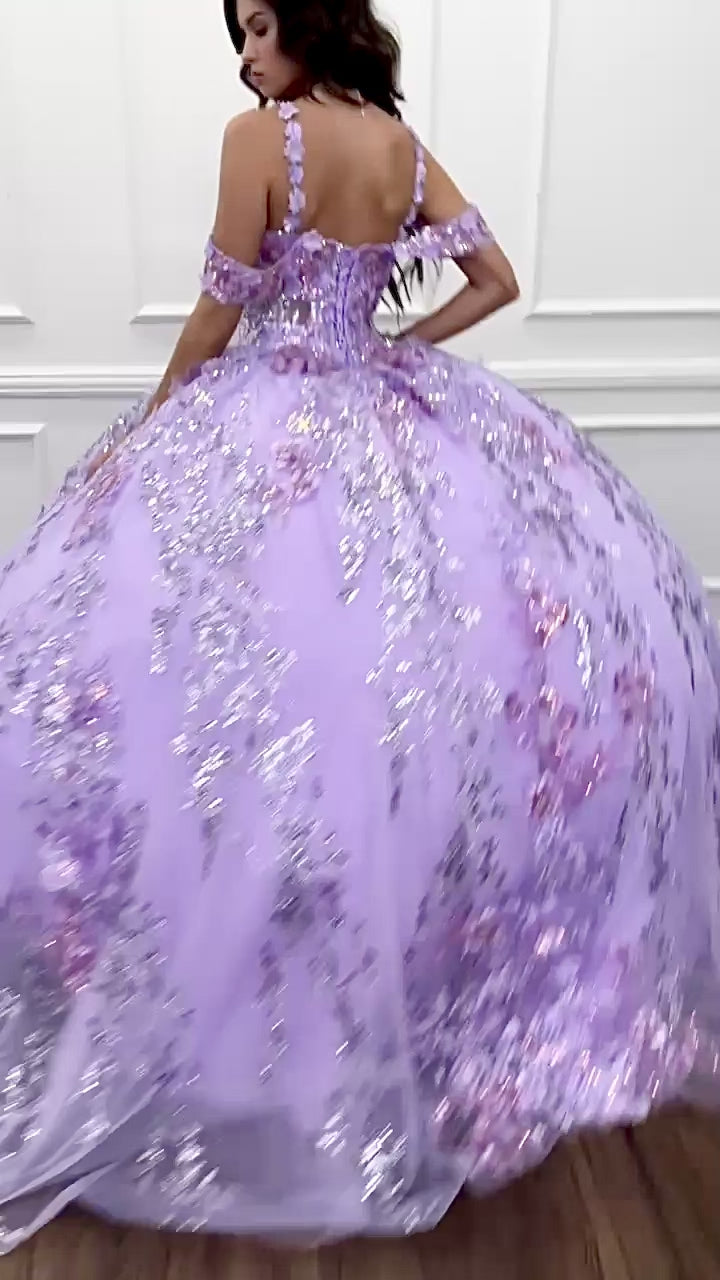 Quinceanera | Lilac 3D flowers Sparkling Rhinestones and Shimmering Sequins with Detachable Sleeves BallGown | Triana dress  VIDEO