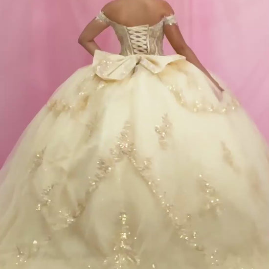 Video of Champagne Quinceañera Dress with Sheer Sweetheart Bodice, Floral Embroidery and Glitter Tulle