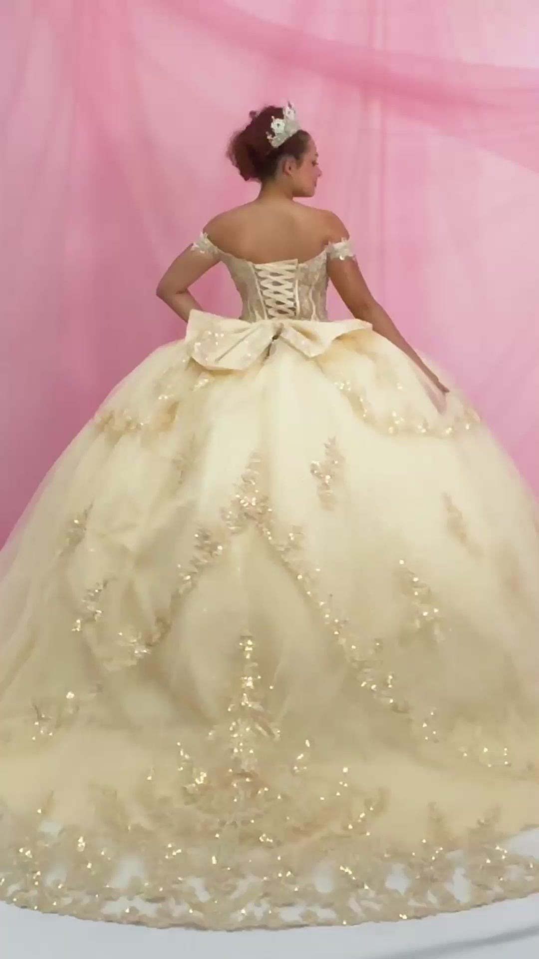 Video of Champagne Quinceañera Dress with Sheer Sweetheart Bodice, Floral Embroidery and Glitter Tulle