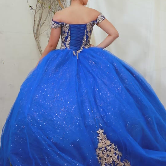 Video of Royal Blue Quinceañera Dress with Gold Embroidered and Glitter Tulle Overlay Skirt